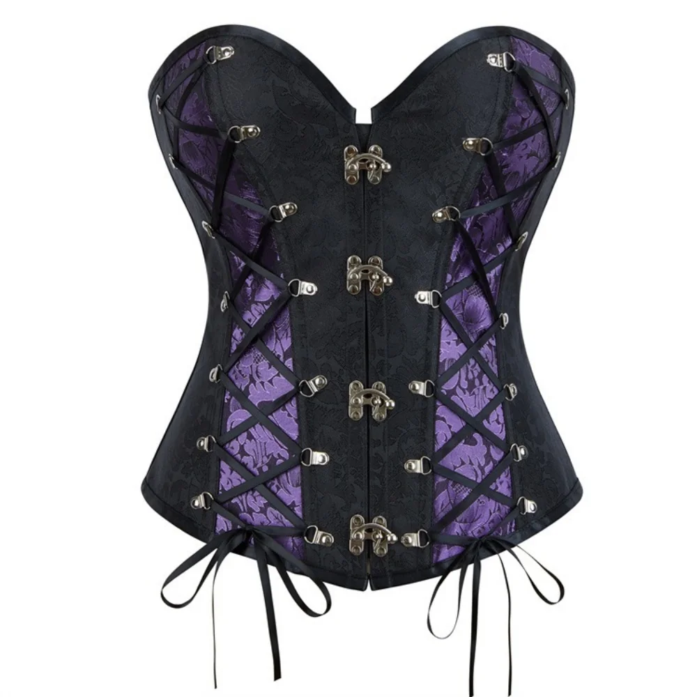 Purple Retro Jacquard Overbust Corset Tops Gothic Lace-up Decoration Slimming Shaper Bustiers Strapless Fishbone Bodice