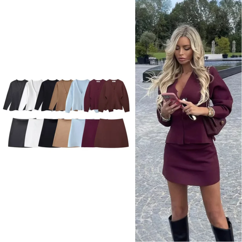 

Autumn/Winter Women's Knit Skirt Sweater Set Knit Slim High Waist V-Neck Long Sleeve Side Split Hem Casual Mini Skirt Two Pcs