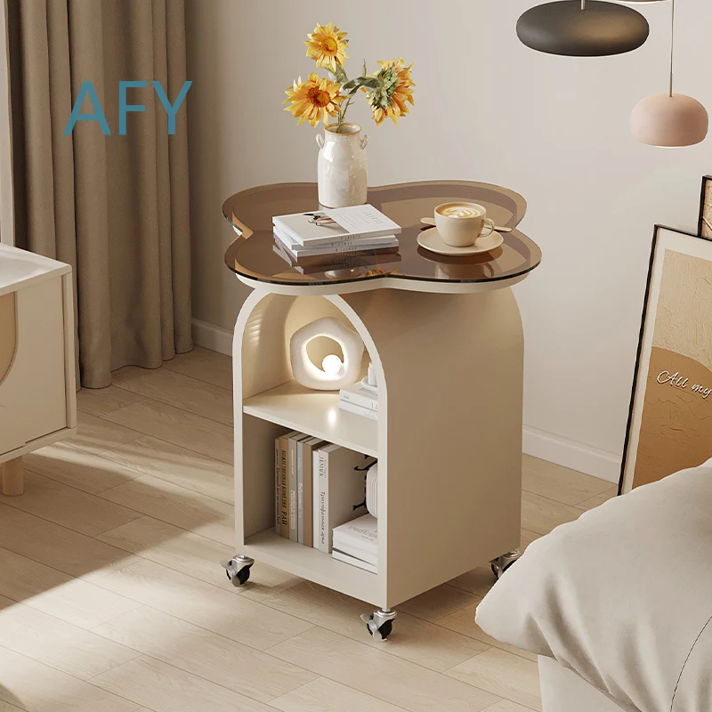 Cream Mobile End Table with Wheels Scratch-Resistant Glass Top Storage Drawer for Bedroom Living Room Narrow Space Small
