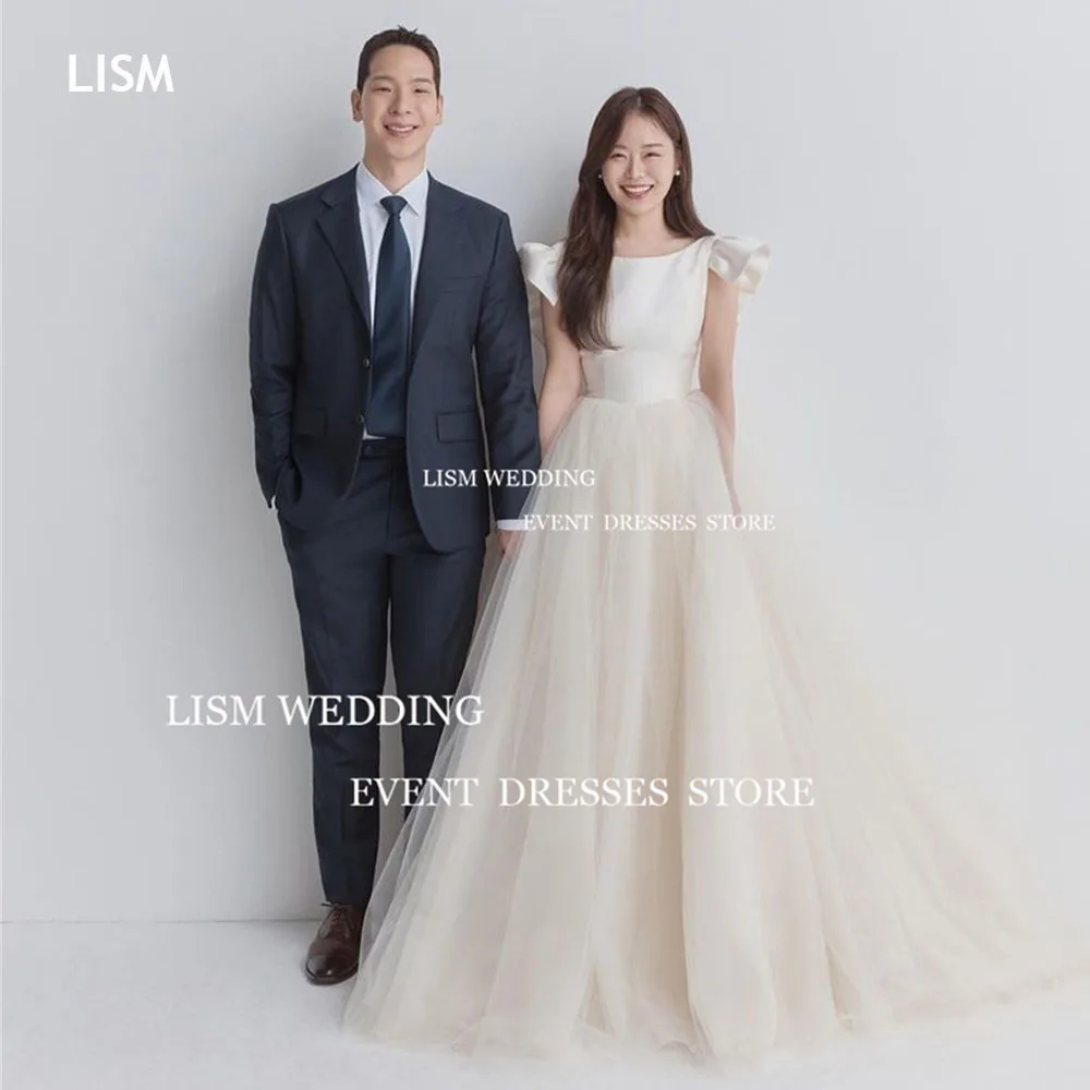 Gaun pernikahan model A Line Korea desain Modern LISM gaun pesta Formal Satin Tulle elegan pemotretan foto gaun pengantin buatan khusus