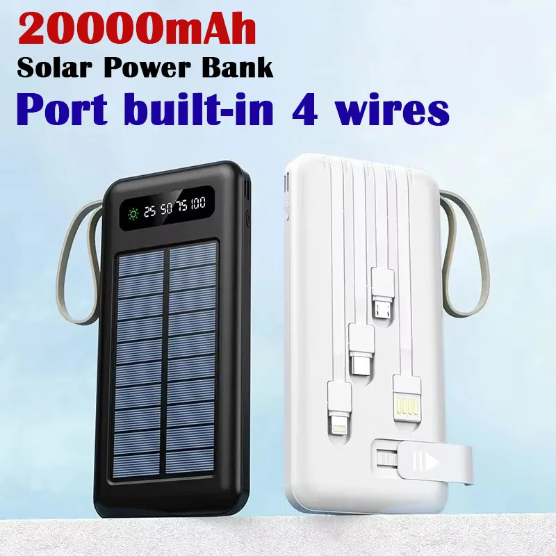 

Новый аккумулятор на солнечной батарее емкостью 20000 мАч, портативный USB-порт для быстрой зарядки, встроенное 4-проводное зарядное устройство, внешний аккумулятор для Xiaomi Samsung Iphone