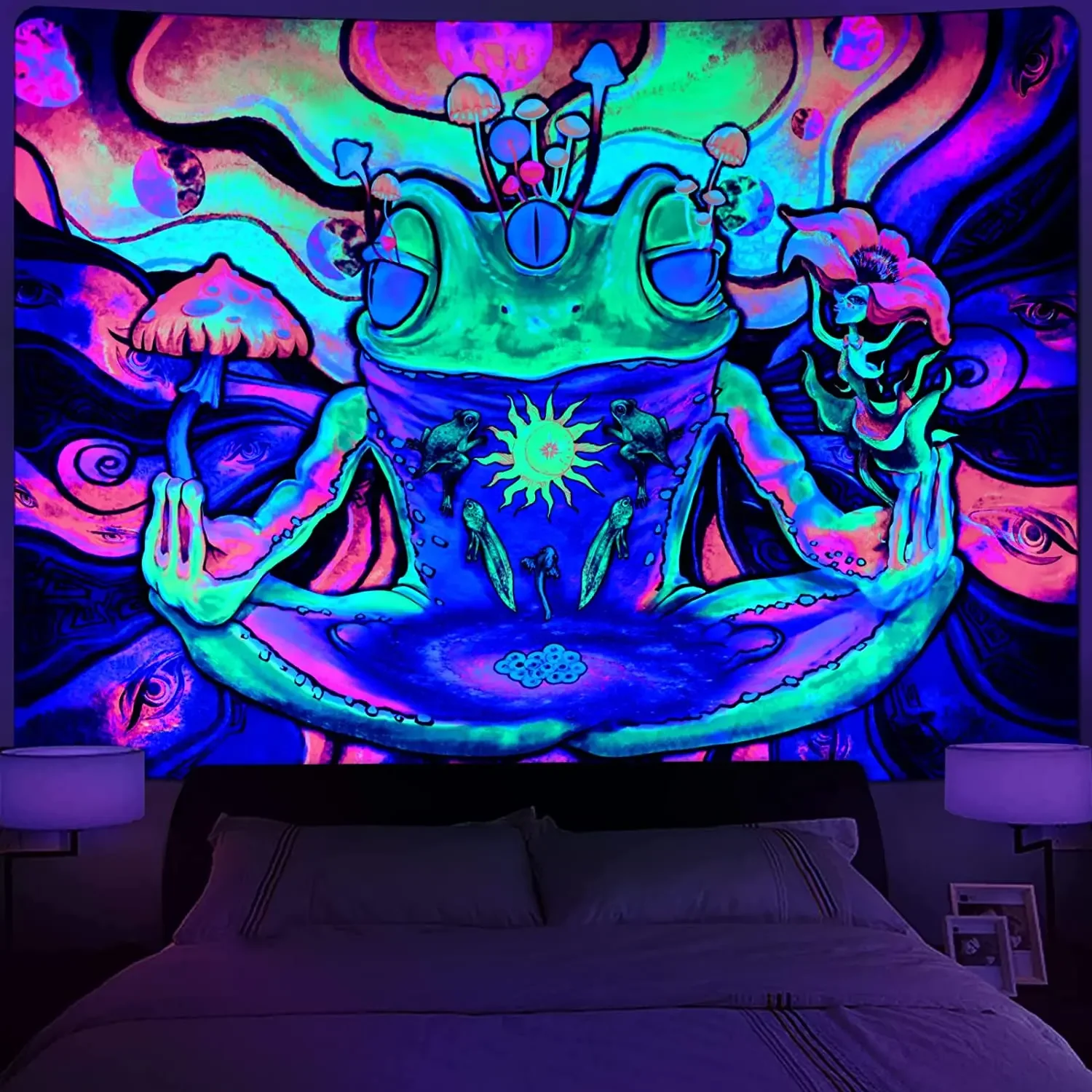 Blacklight Frog Tapestry UV Reactive Flower Tapestries Hippie Eyes Glow In Dark Sun and Moon Aesthetic Wall Hanging for Bedroom