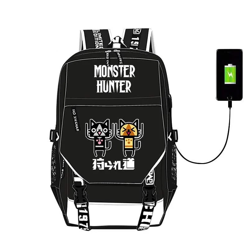 Monster Hunter Dragon USB Designer Bag Backpack Anime Teenagers Student Cartoon Book Bags Back to School Mochila Travel