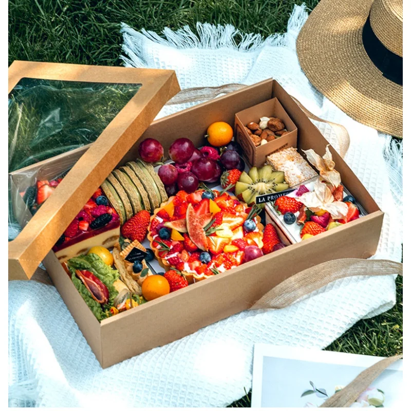 

Customized productBig kraft corrugated food box foldable fold box for picnic food fruit salad dessert sandwich cup cake nuts pac