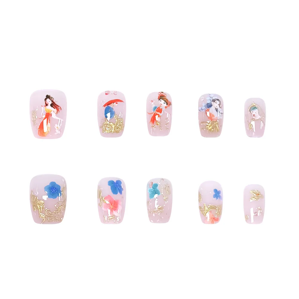24개 유니크 플로잉 플로럴 프레스온 네일, 골드 악센트, 블루 핑크 꽃 & 만화 캐릭터, 미디엄 코핀 쉐입