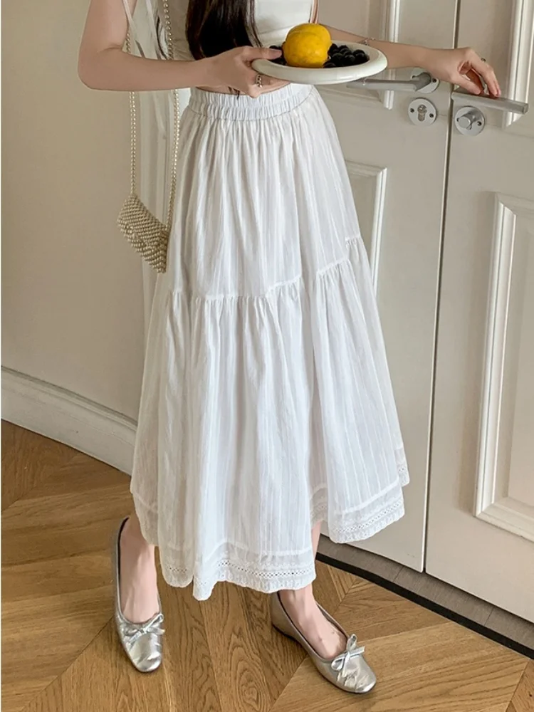 

Women's High Waist Lace Hollow Out Embroidery Splicing Skirt White A-Line Umbrella Cake Long Skirt Korean Chic Female Clothing