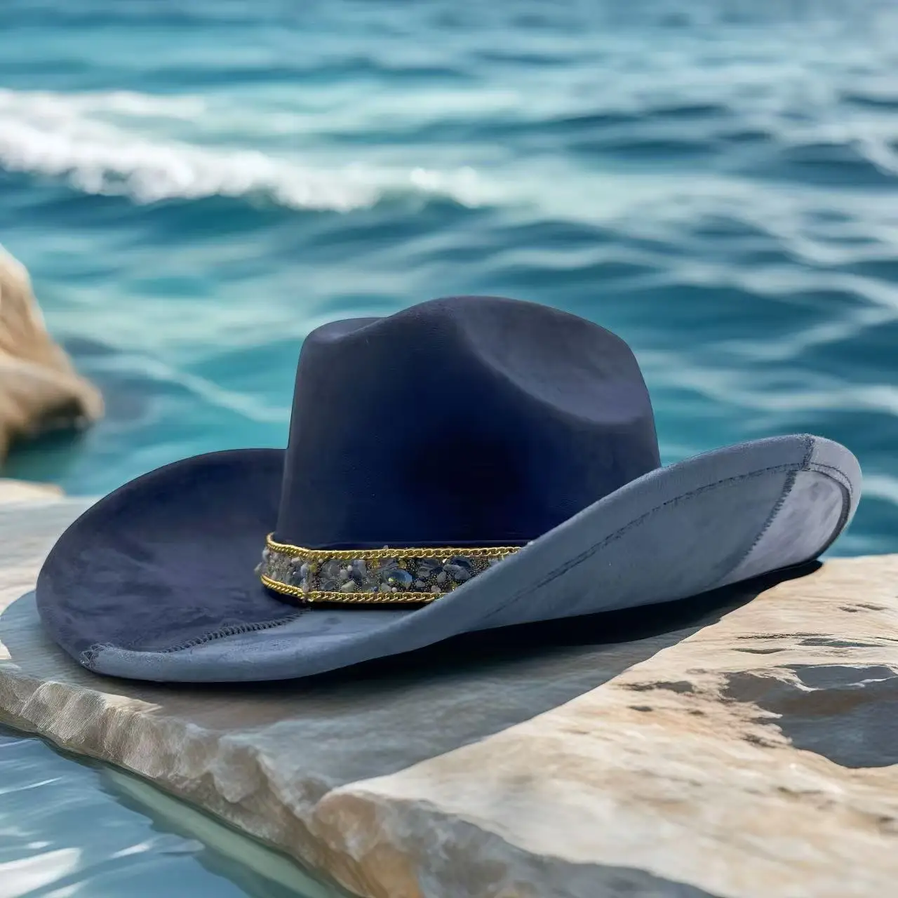 HongLuan Blue Felt Glitter Costume Hat Adult & Cowboy Hats Rhinestone for Woman, Cowboy Cosplay Female Accessories & Cowgirl Cap