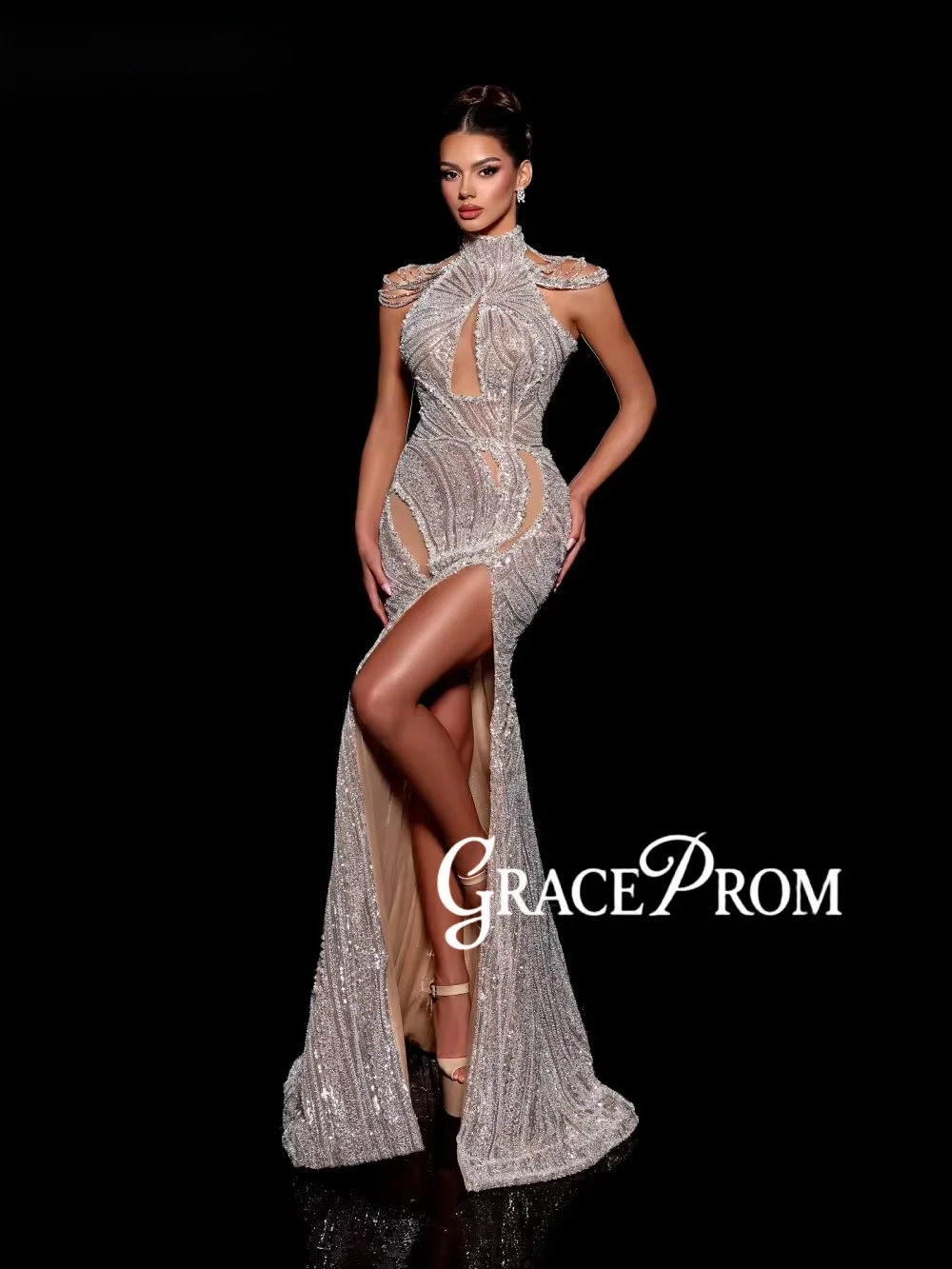 

Dazzling Beaded Halter Mermaid Long Evening Dress For Women Sexy High Slit Wedding Party Gown Customized Luxury Prom Dresses