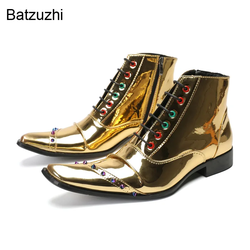 Batzuzhi Men's Boots  New Handmade Rock Personality Golden Leather Ankle Boots for Men Zip Buckle Belt Party/Wedding Botas!