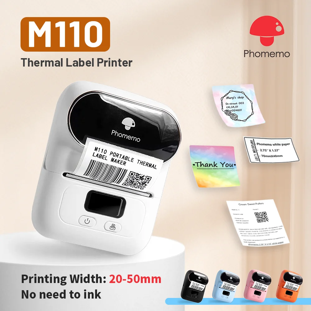 Phomemo M110 Mini Portable Thermal Label Printer Self-Adhesive Label Maker bluetooth Pocket Sticker Printer 53mm for School Home