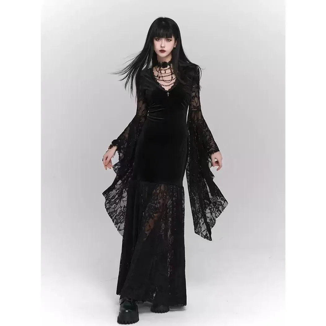 Gothic k Sle Women's Dr loween Costume Retro Skirt Long Sve Neutral Other Material 00% Summer Collection