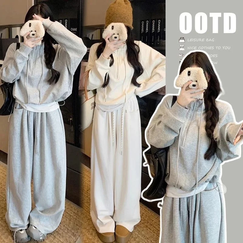 Conjunto de dos piezas de pantalones de pierna ancha, sudadera coreana Sle College Wind para principios de otoño, conjunto completo combinado de sistema de sal clete