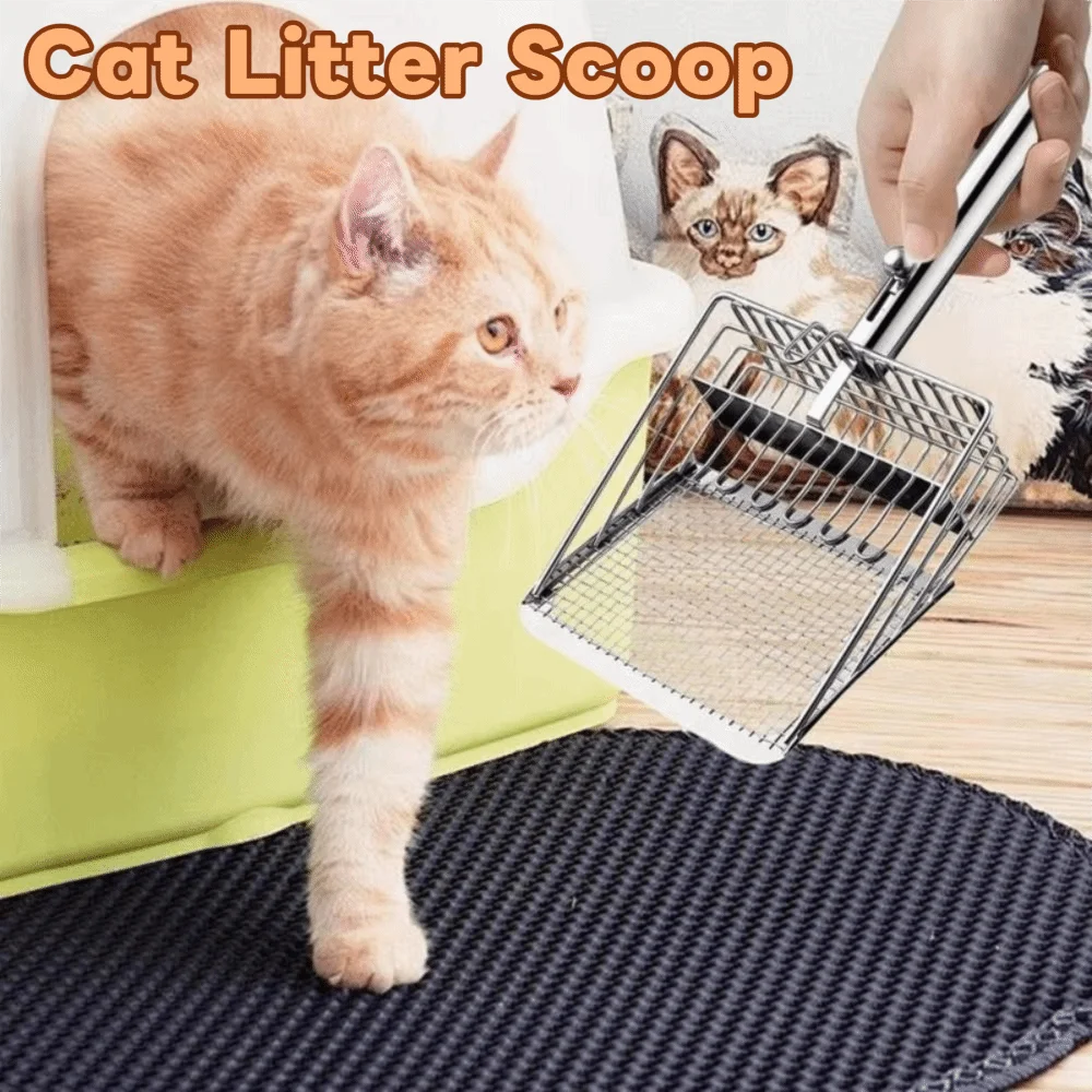 Stainless Steel Metal Cat Litter Scoop Ergonomic Handle Pets Poop Sifting Tool Non Stick Mesh Litter Box Scooper