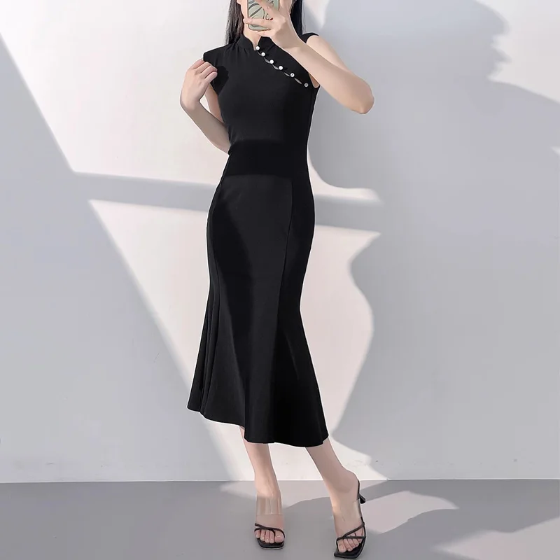 Women Mandarin Collar Mermaid Midi Dress With Shoulder Pads