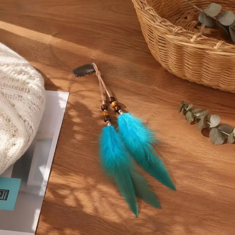Bohemian Feather Hair Clips 2Pcs Handmade Lightweight Wood Bead Decor for Bohemian Themed Wedding Event Decoration