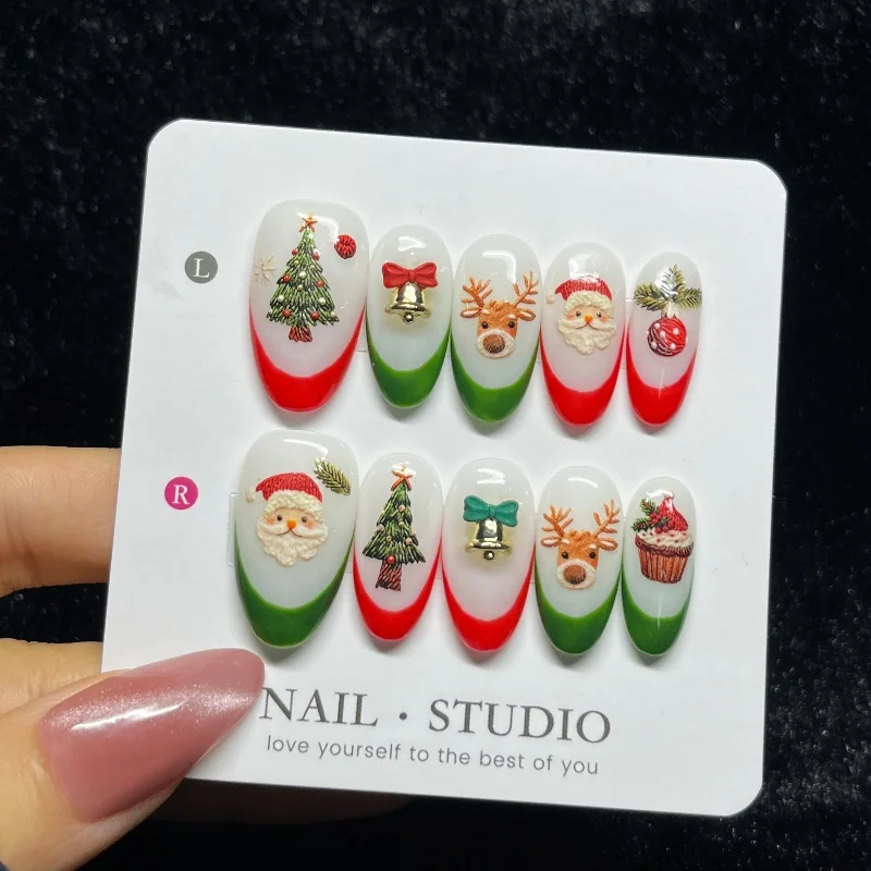 

10PCS Red French Medium Oval Press on Nails Handmade Santa Green Christmas Tree Jingle Bell False Nails Reindeer Fake Nail Tips