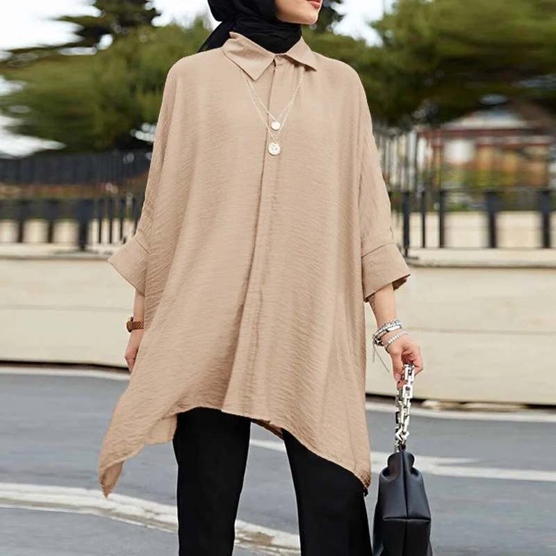 Muslim Abayat Solid Color Loose Fashion Long Sleeved Shirt Irregular Bottom Polo Collar Blouse for Europe, America and Malaysia