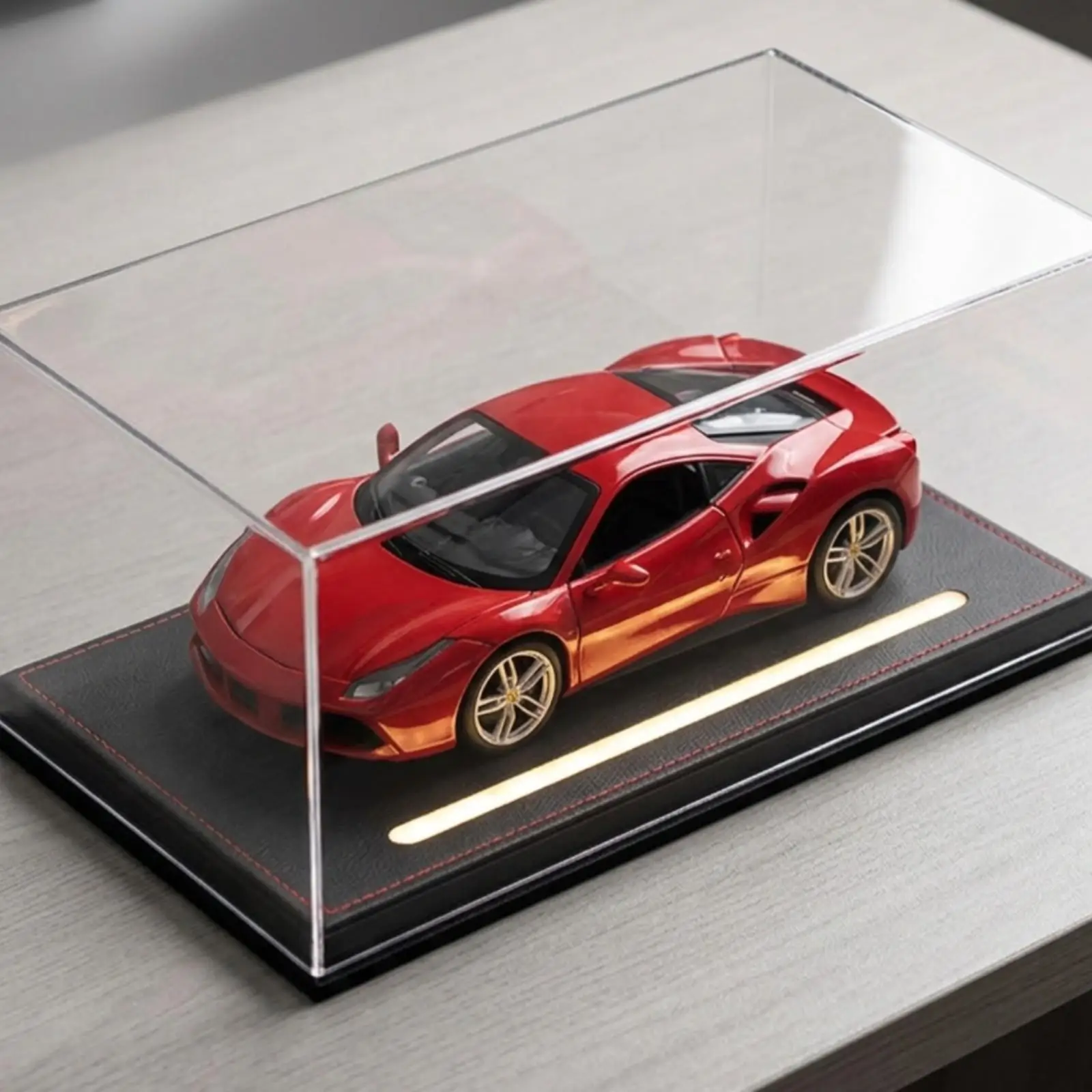合金製のコレクション品を展示するための、透明アクリル製の車模型用ディスプレイケース。ライト付きスタンド、防塵機能、密閉式のホビーショーケース。
