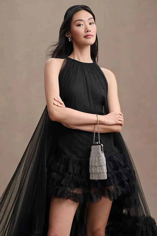 Trendy Black High Low Tulle Long Women Dresses Ruffles Tutu Tulle Edge Modest Female Party Dresses Female Tulle Robe