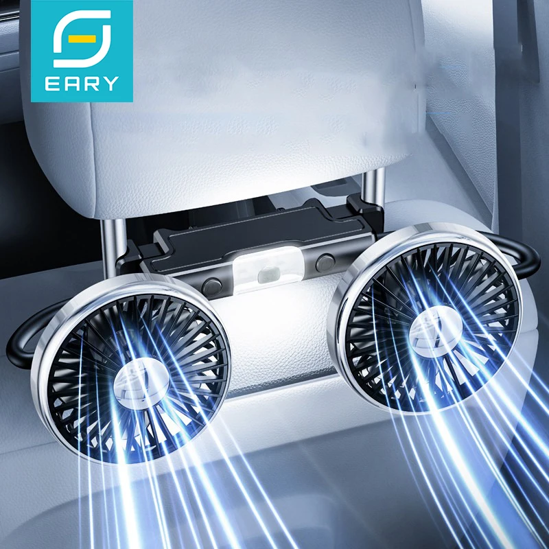 Eary Car Backseat Hose Fan Rear Seat Headrest Dual Head Fan 360 Rotate Adjustable 3 Speed Wind Summer Cooler Fan Car Accessories