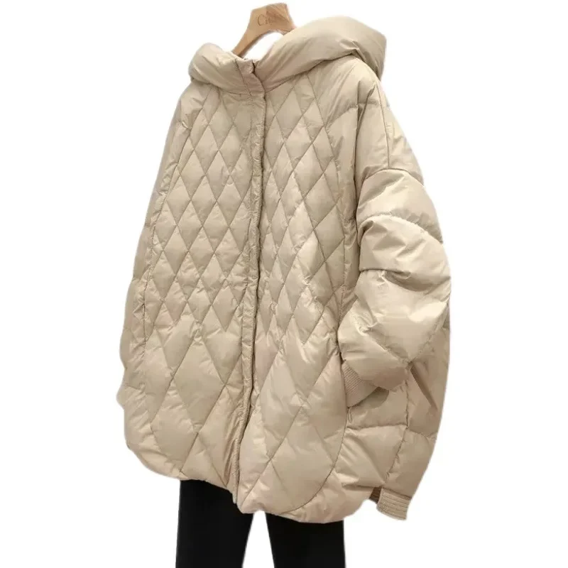 New White Duck Down Down Jacket for Women\'s Hooded Large Diamond Plaid Artistic Loose Fit Large Size Medium Length Jacket