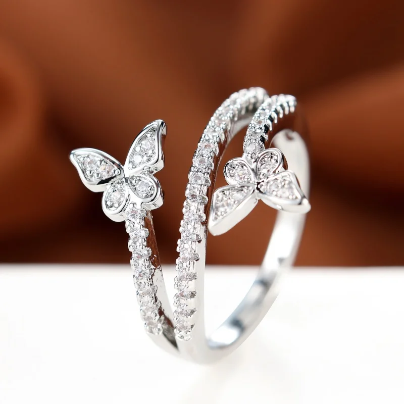 2026 New Elegant Double Layered Interwoven Butterfly Set Zircon Ring with Dynamic Butterfly Shaped Women's Versatile Jewelry