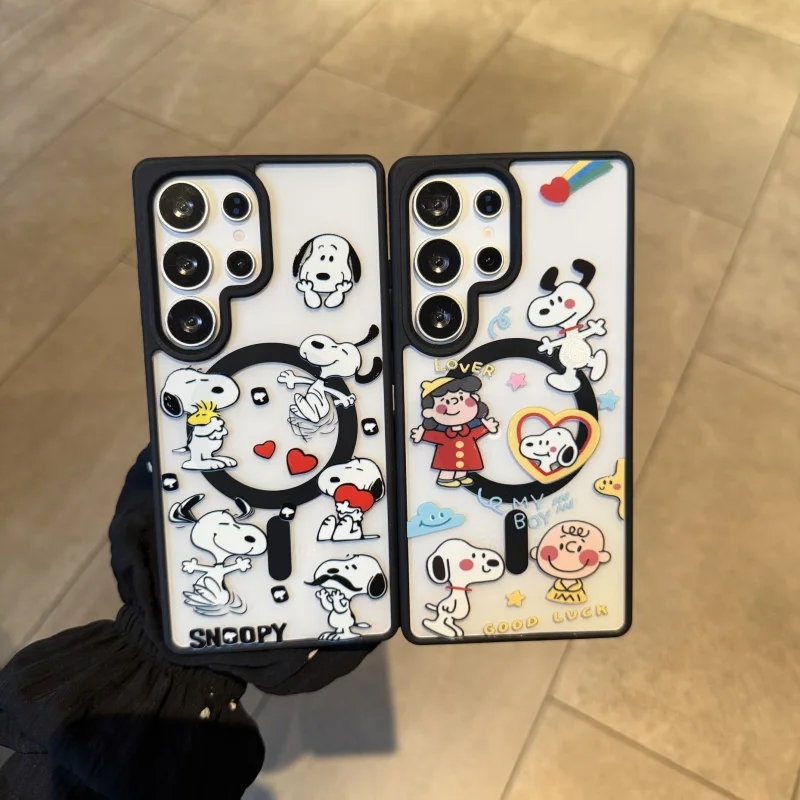 

Cartoon Cute 3D Love heart Snoopy PC Magsafe Wireless Charge Case For Samsung S22 S23 S24 S25 Ultra Plus Snoopy Magnetic Holder