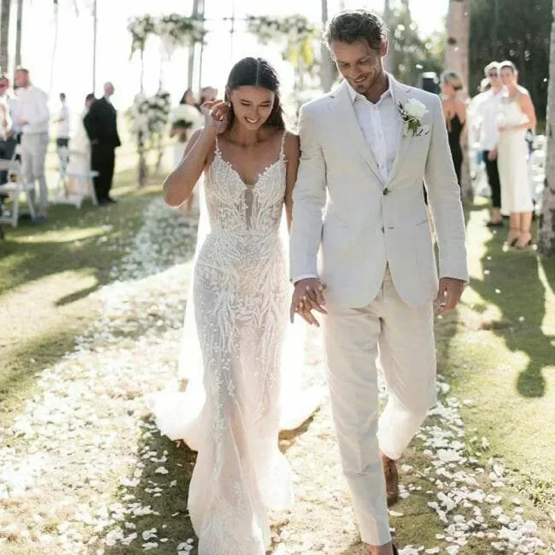 Linnen Bruiloft Smoking Voor Mannen Zomer Strand Formele Mannen Pakken 2 Stuks Slim Fit Bruidegom Kledij Jas Met broek