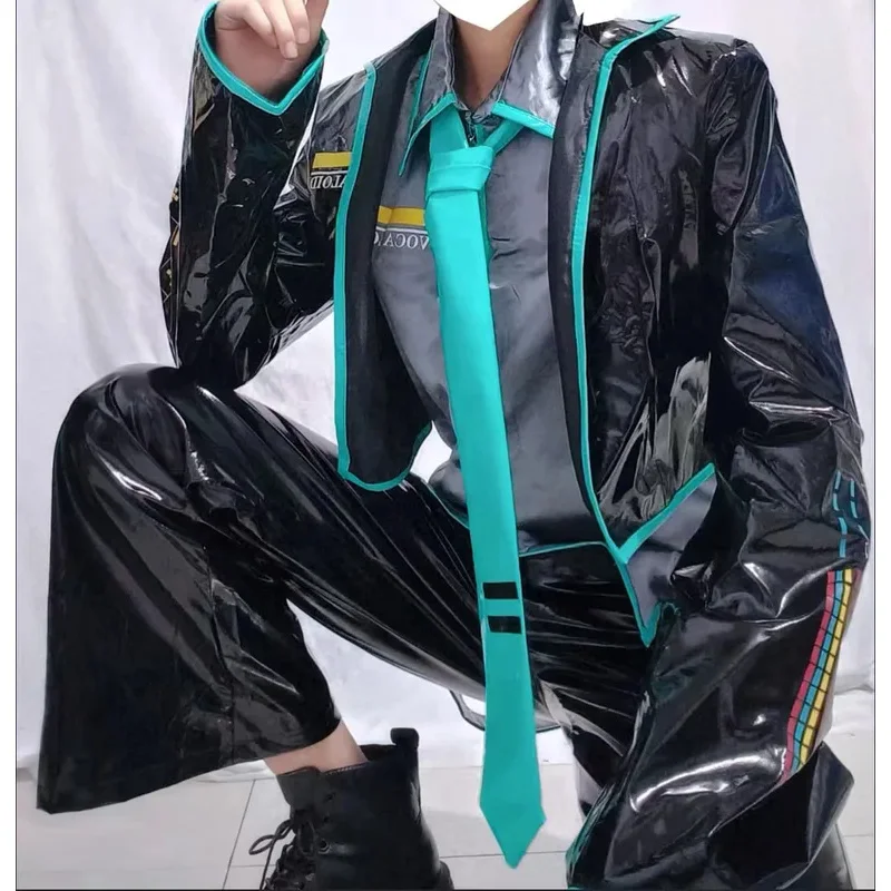 MIKUU الجنس عكس تأثيري حلي شعر مستعار للرجال أسود فضي ورنيش بدلة جلدية VOCALOIDD الرجال الطبعة 02 مجموعة حفلة تنكرية