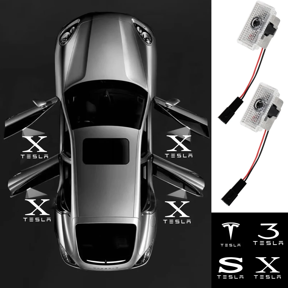 4pcs/set For Tesla Model Y 3 S X Car Door LED Logo Projector puddle lights HD Welcome Light 3D Laser Ghost Shadow Light Model 3