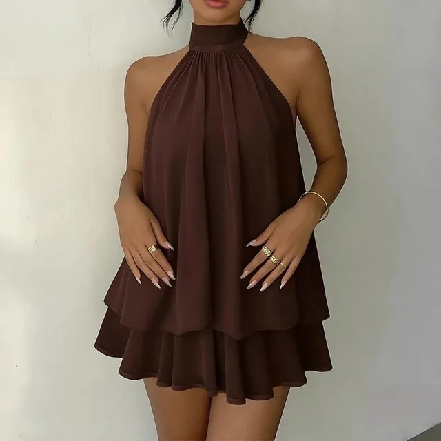 2026 Women's Elegant Halter Neck Sleeveless Ruffled Layered Chiffon Mini Dress Casual Summer Party Dress for Beach Vacation Y2K