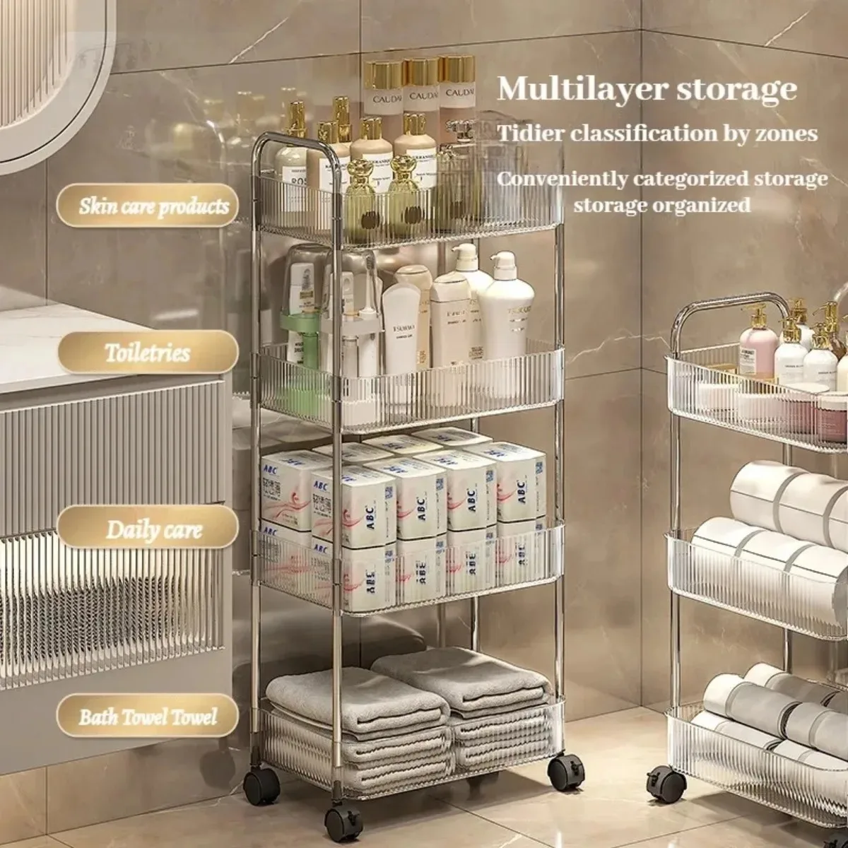 Transparent Storage Rack Trolley Cosmetics Kitchen Bathroom Snacks Acrylic Storage Rack with Wheels Organizers Home Trolley