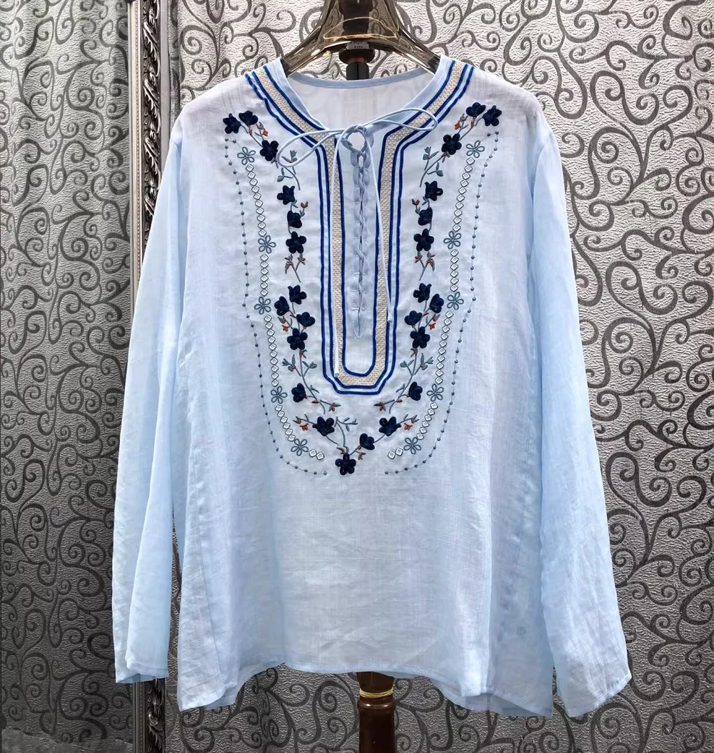 

100%Ramie Blouse Shirts 2026 Spring Fashion Women Luxurious Embroidery Sexy Cross String Deco Long Sleeve Casual Loose Shirts