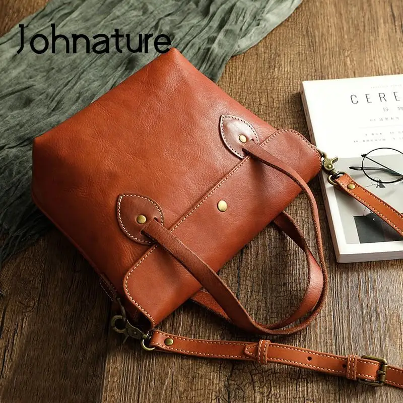 Johnature Borsa da donna semplice in vera pelle tinta unita Borsa versatile vintage Borse a tracolla per il tempo libero in vera pelle di vacchetta