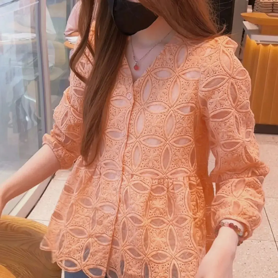 Femmes dentelle broderie irt Long Sve minceur ventre couvrant Faionable à la mode Anti-âge automne nouveau Sle décontracté ample...