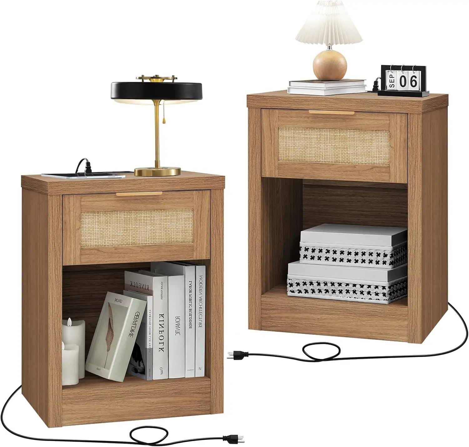 Nightstand Set of 2, Rattan Night Stand with Type-C Charging Station, Bedside Table with Drawer,  Bed Side Table End Table Accen