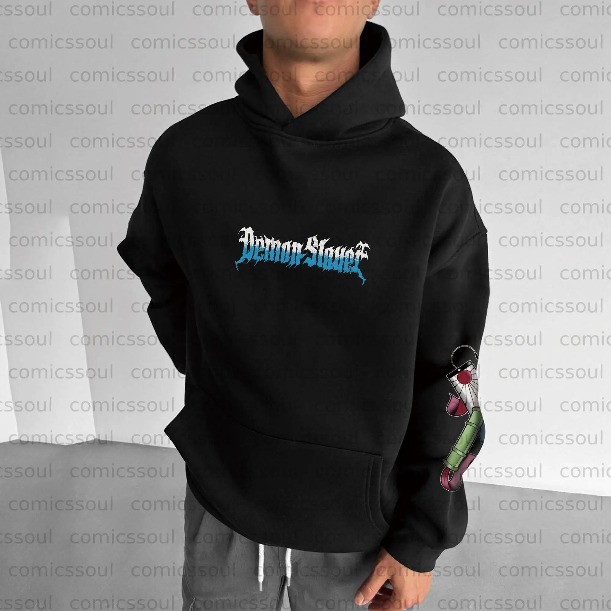 Sudadera con capucha negra Kimetsu No Yaiba con Tanjiro Kamado, estampado de espalda Haori a cuadros verdes, patrón de manga con efecto relámpago, estilo Anime