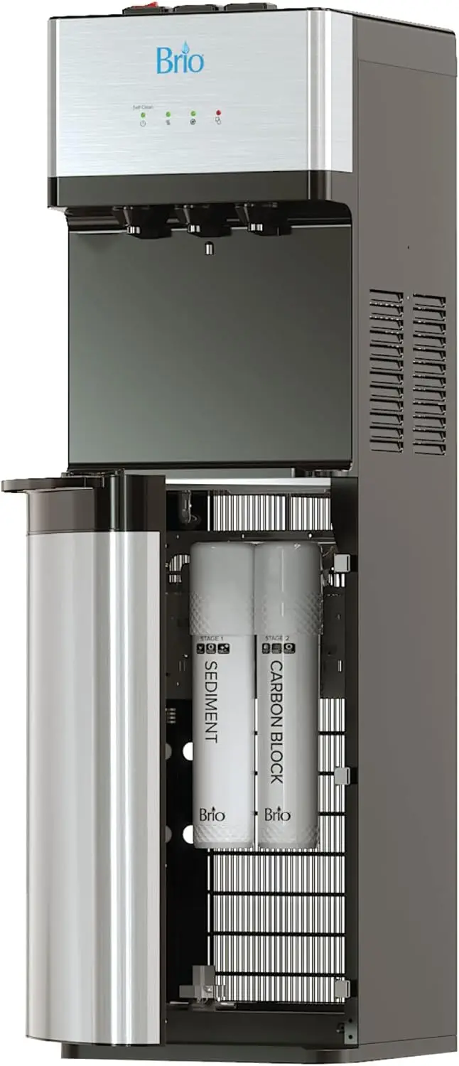 

Brio 520 Bottleless Water Cooler Dispenser with 2 Stage Filtration - Self Cleaning, Hot Cold and Room Temperature Water. 2 Free