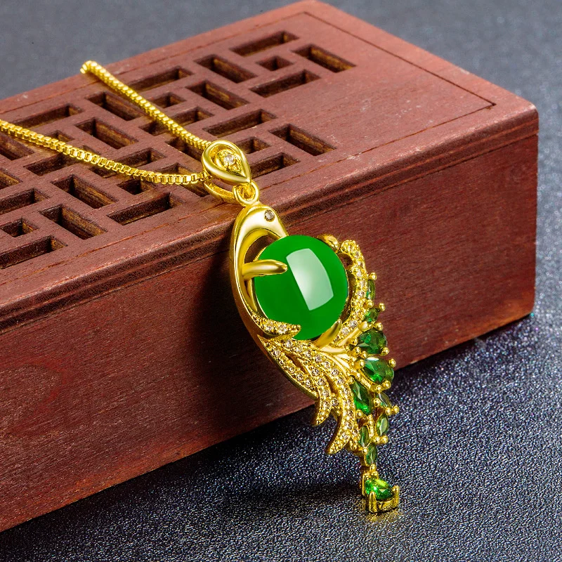 Ethnic Style Green Jade Peacock Pendant Necklace Female Fashion Phoenix Wings Necklace Silver 925 Collarbone Chain Women Jewelry