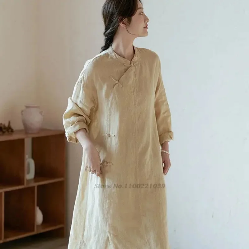 

2025 chinese dress qipao vintage loose cheongsam retro cotton linen dress oriental cheongsam dress elegant folk a-line dress