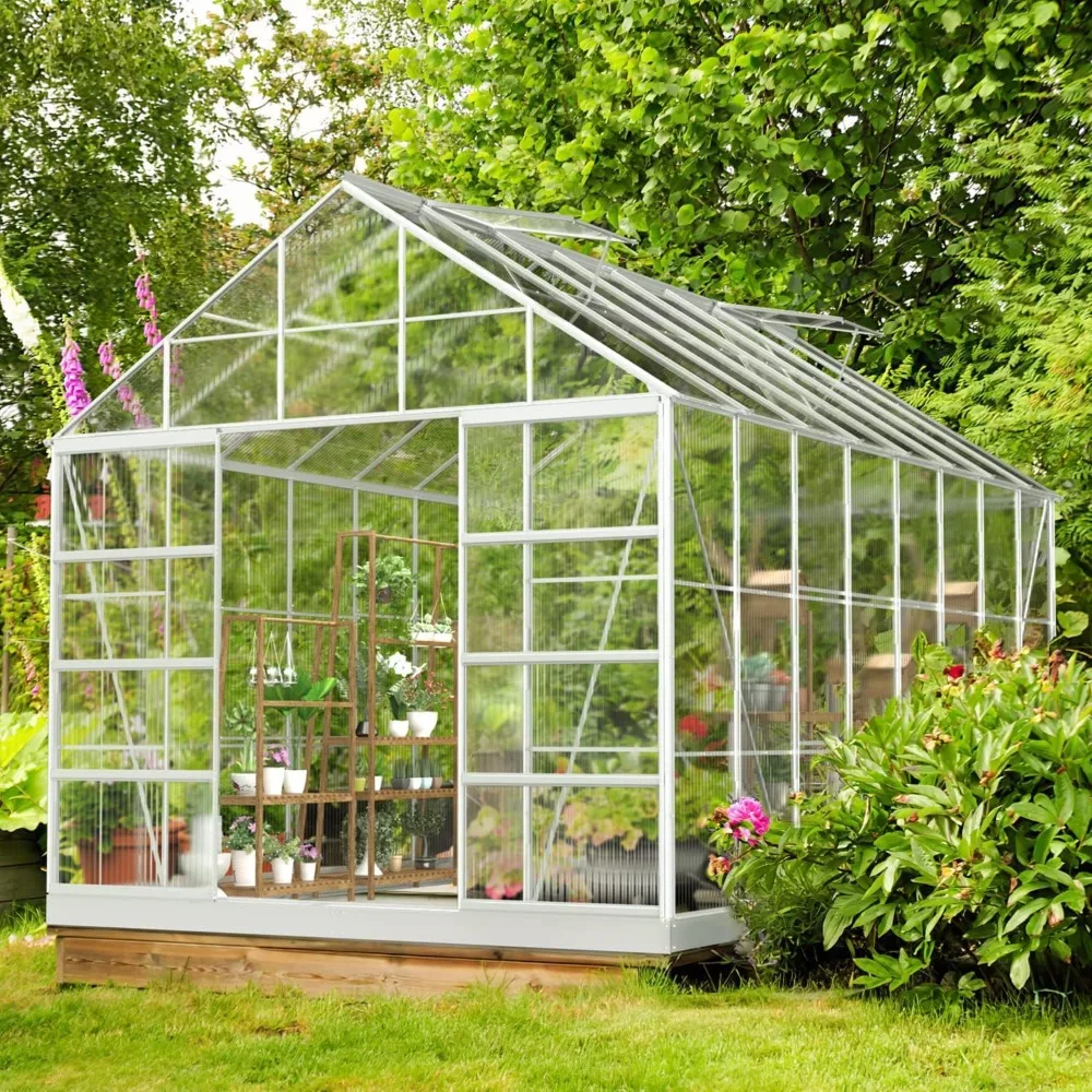 10' x 16' Outdoor Aluminum Greenhouse Polycarbonate with Adjustable Roof Vent and Sliding Door for Backyard Garden in Winter