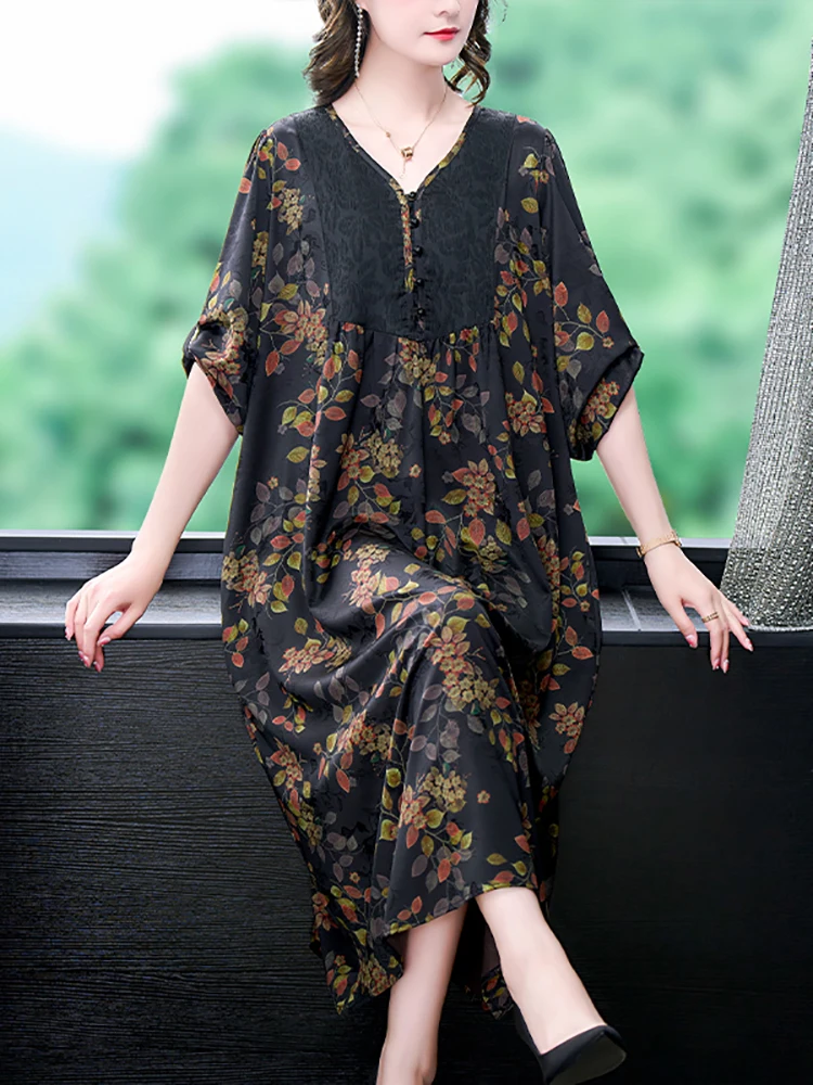 Women Korean Vintage Luxury Party Vestidos Summer Black Print Silk Batwing Sleeve Loose Dress 2024 Fashion Elegant Prom Dresses