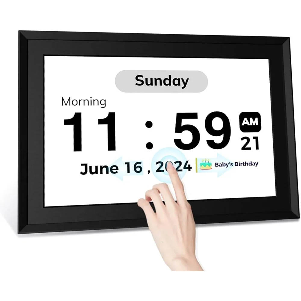 

Touchscreen Digital Alarm Clock Seniors WiFi Medication Reminder 10.1 Inch Large Display Voice Access Customizable Gift