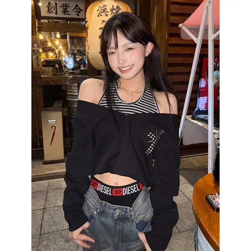 

Women's Black Off-Shoulder Crop Sweatshirt -2-in-1 Striped Tank Layer Rhinestone Detail Casual Streetwear Autumn Long Sleeve Top