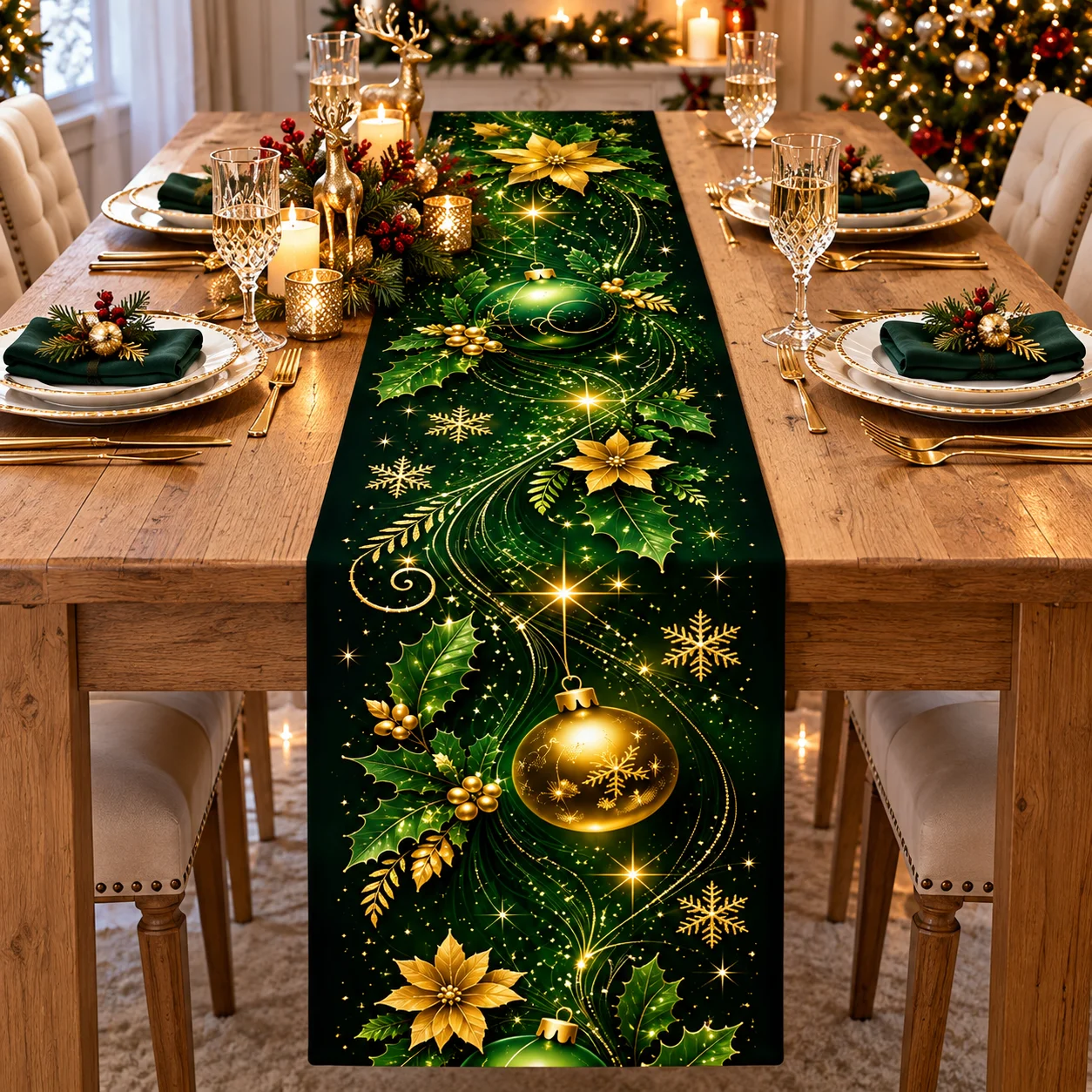 Deep Green Christmas Tablecloth, Golden Sparkling Star Ornament Print, Festive Holiday Table Decor for Home Party