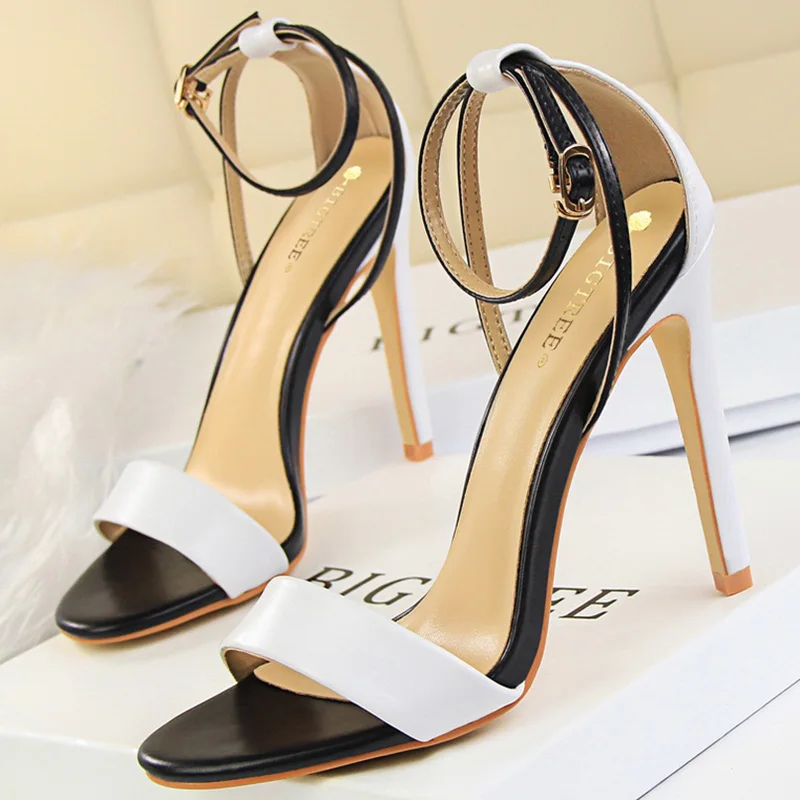 Summer Luxury Women Pu Leather Tacones Pumps 11cm Super High Heels Belt Buckle Open Toe Sandals Sexy Stripper Heels Party Shoes