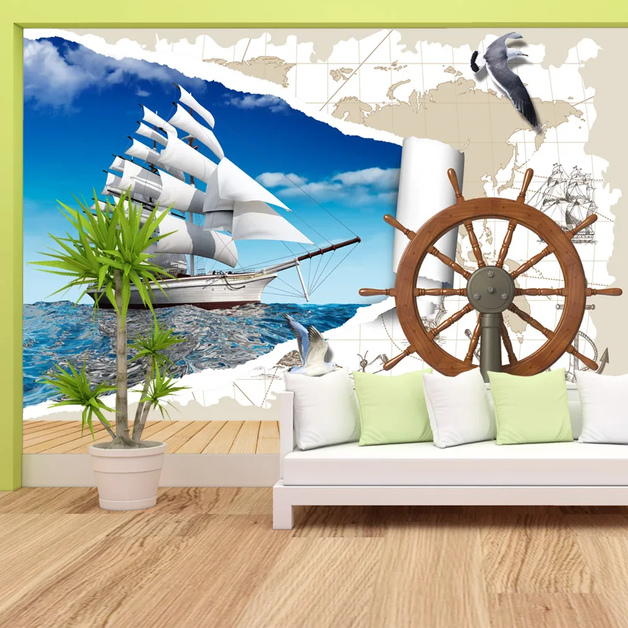 22+ Geography Sailing Boat World Map Walls Home Decor Mural,Self Adhesive Optional,Kids Bed Wallpaper for Living Room Renovation