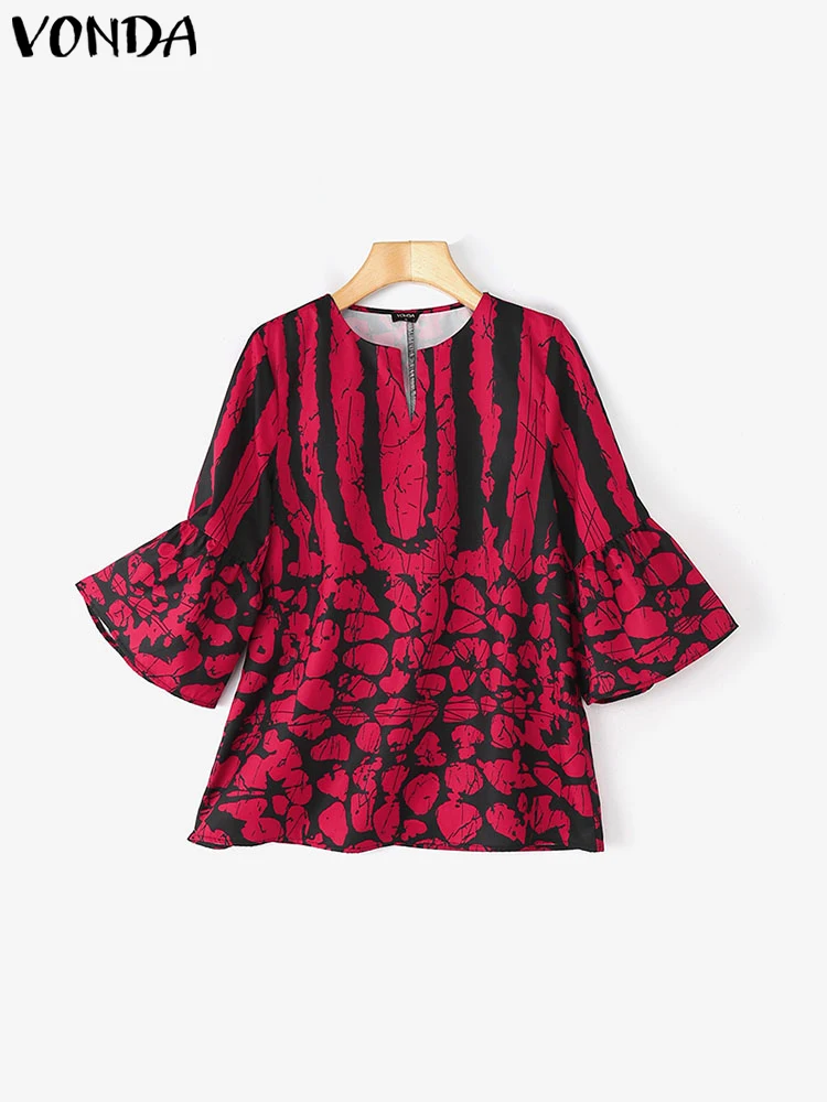 2025 VONDAผู้หญิงฤดูร้อนเสื้อลําลอง 3/4 Flare Sleeve Vintageพิมพ์เสื้อแฟชั่นVคอBohemian TopsหลวมBlusasขนาดใหญ่