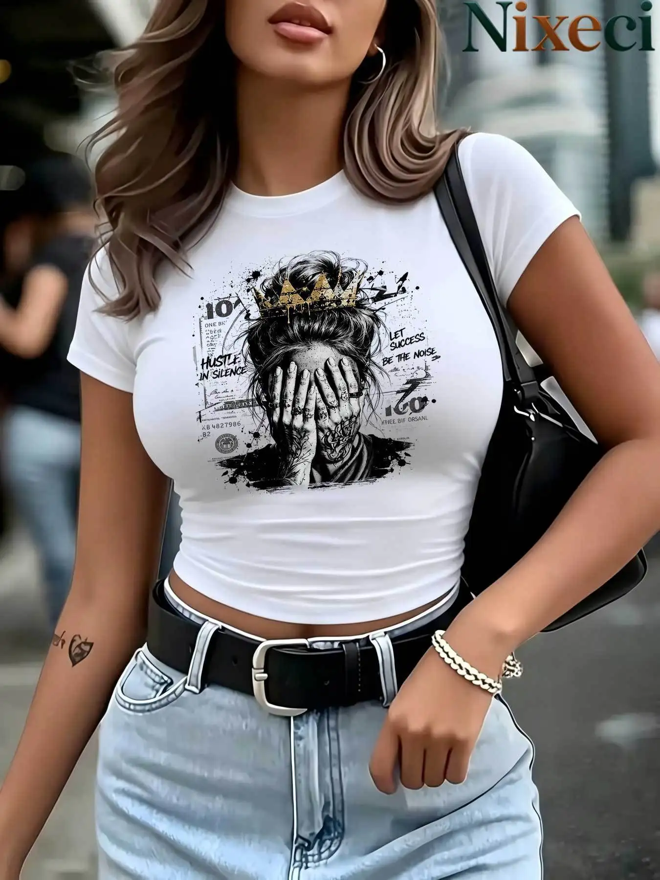 Women's Crew Neck Short Sleeve Graphic Cropped T-shirt Inspirational Hustle in Silence Print Crop Tops Women's Sexy Clothes 90s