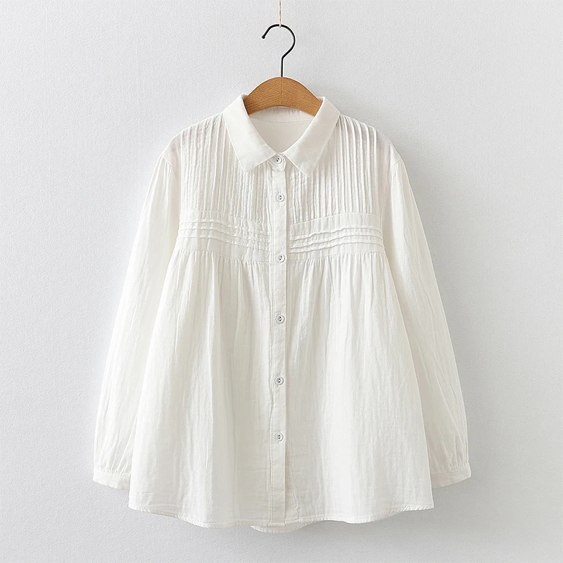 Spring New Women Double-layer Cotton White Shirt Full Sleeve Turn Down Collar Pleated Casual Soft Blouse Office Lady Wor T33001X